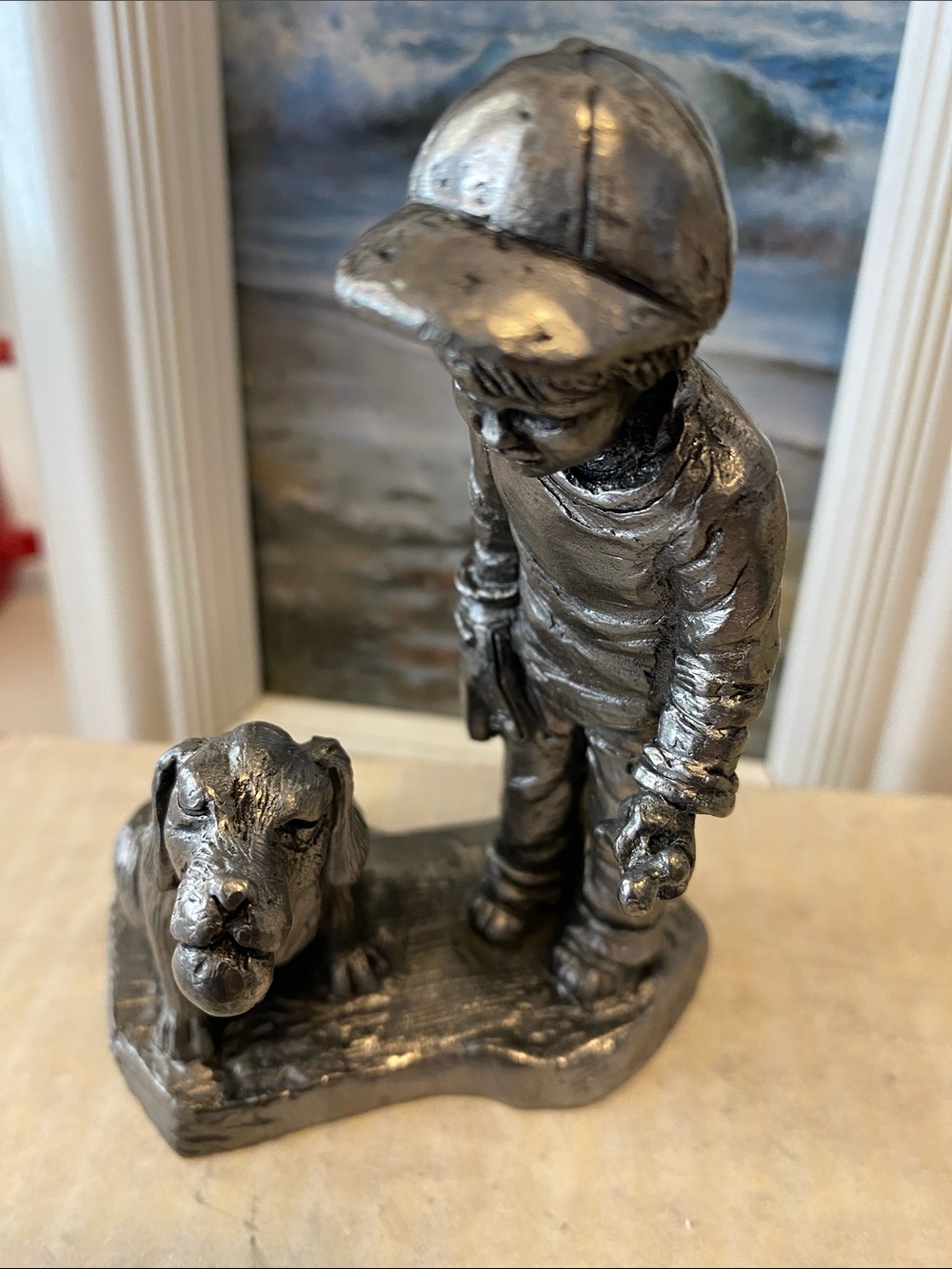 2263/3600 Michael Ricker Pewter Sculpture Boy Justin With Dog With Baseball 1982